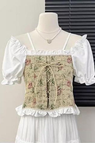 Korean Retro Vintage Floral Lace-Up Off-Shoulder Crop Top