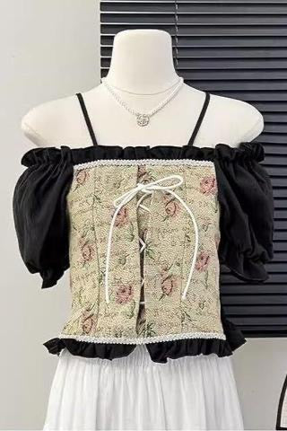 Korean Retro Vintage Floral Lace-Up Off-Shoulder Crop Top