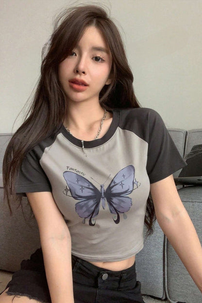 Butterfly Print Sleeve Crop Tee