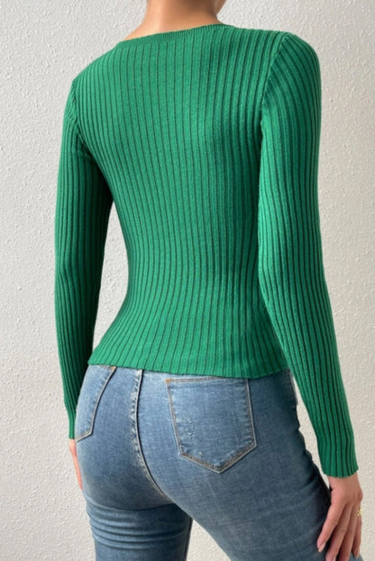 Supermadegirls Twist Cut Out Front Ribbed Knit Sweater,Long Sleeve Tops