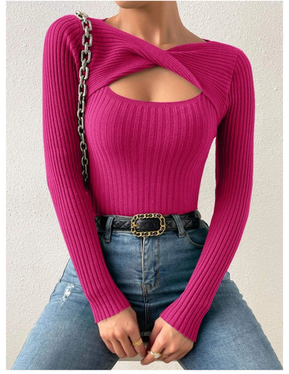 Supermadegirls Twist Cut Out Front Ribbed Knit Sweater,Long Sleeve Tops