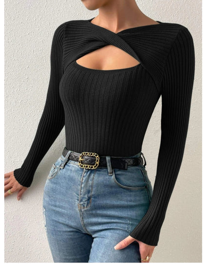 Supermadegirls Twist Cut Out Front Ribbed Knit Sweater,Long Sleeve Tops